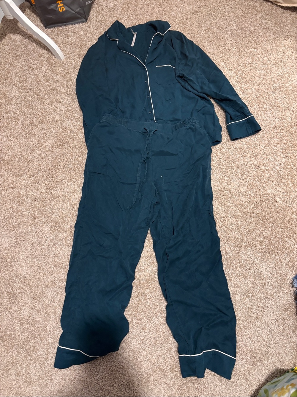 Soma Women's Dark Teal Two-Piece Pajama Set White Piping Large Top Med bottom - Picture 2 of 4